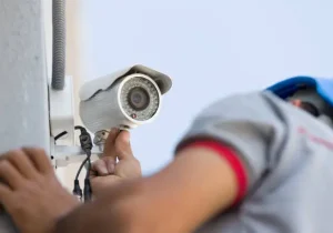 Security camera service man working.